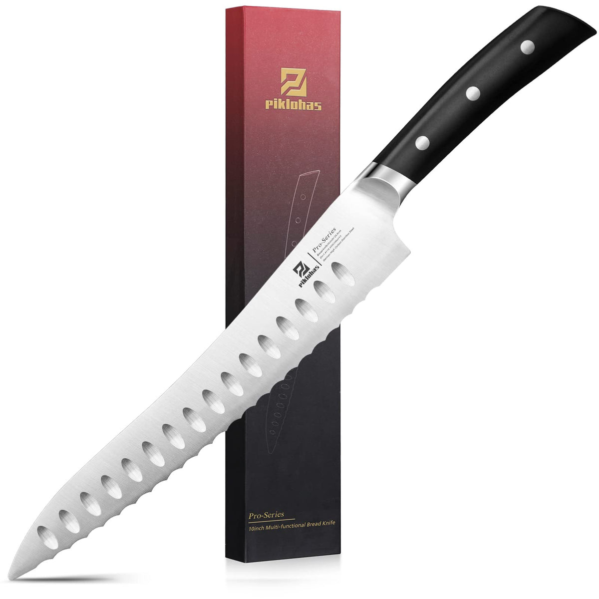 Piklohas Resharpenable Bread Knife for Homemade Bread, 10 Inch Serrated Sourdough Knife with Offset Handle, Innovative Wavy Edge for Clean Slices Crusty Bread, Bagels, Pineapple & Tomatoes, Gift Box | Serrated Sourdough Knife with Offset Handle, Innovativ