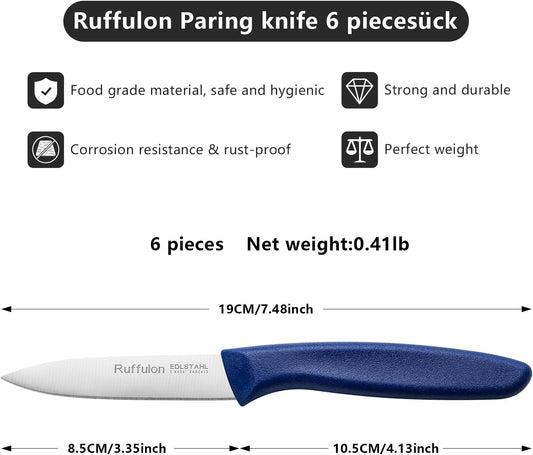 Paring & Fruit Knives Set of 6, Stainless Steel Sharp Blades, Multicolor.