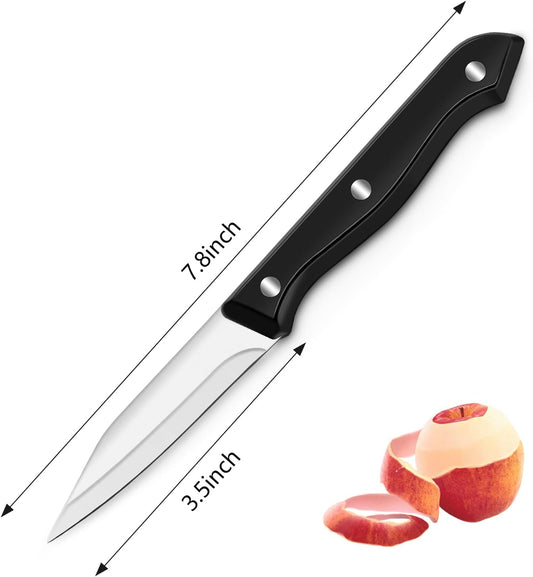 BEWOS 4-Piece Paring Knife Set - Paring Knives with Ergonomic Handle, 3.5 Inch Triple Rivet Paring Knives, Stainless Steel Black Parers for Vegetable, Fruit & Kitchen Use