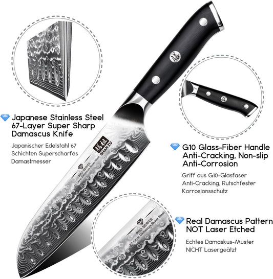 SHAN ZU 7 In Damascus Chef Knife, Japanese Santoku Chef's Knife