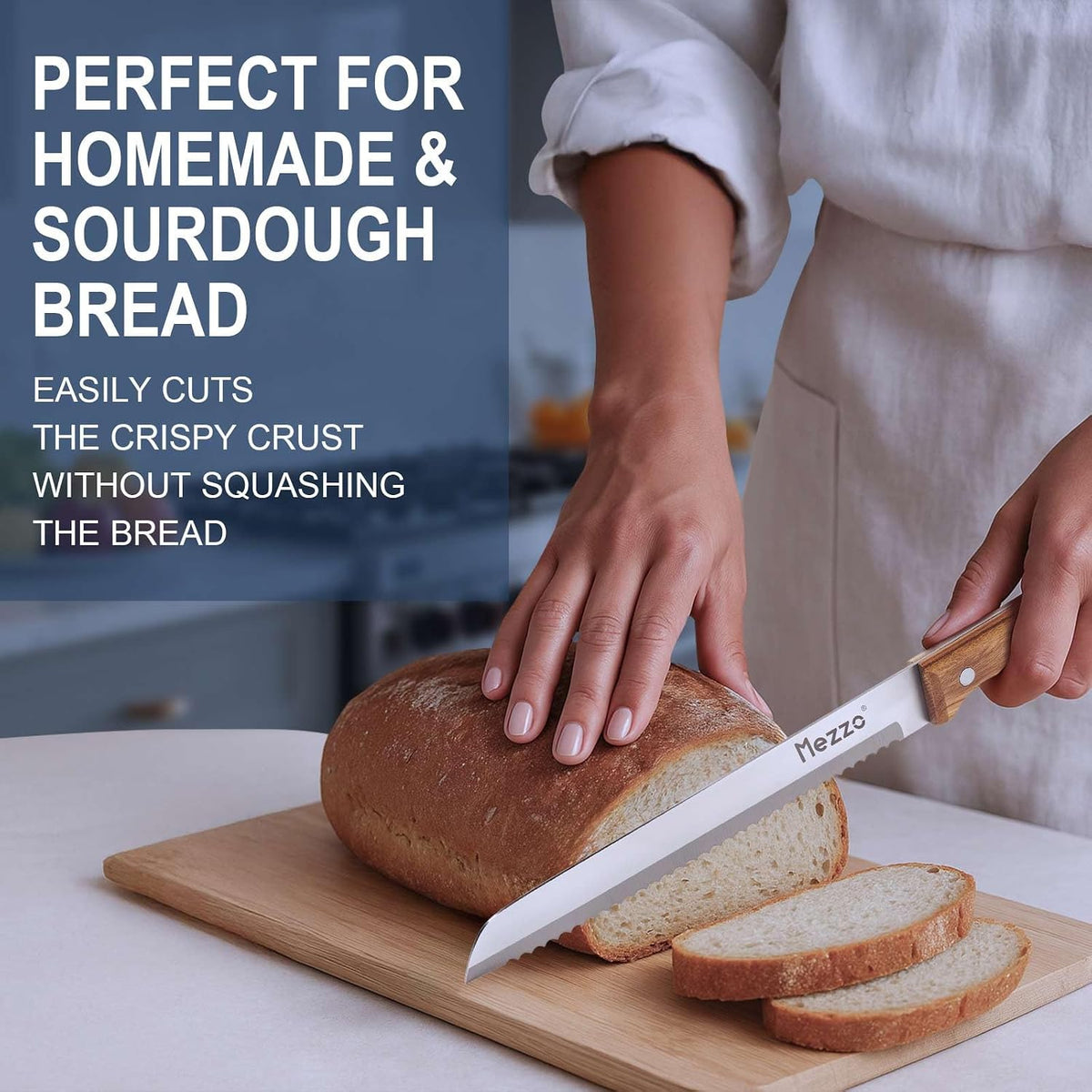 Mezzo Serrated Bread Knife for Homemade Bread, High Carbon Steel Sourdough Knife Cutter for Slicing Bread, Bagels & Cake, Razor Sharp Premium 8-Inch Bread Cutting Knives with Gift Box