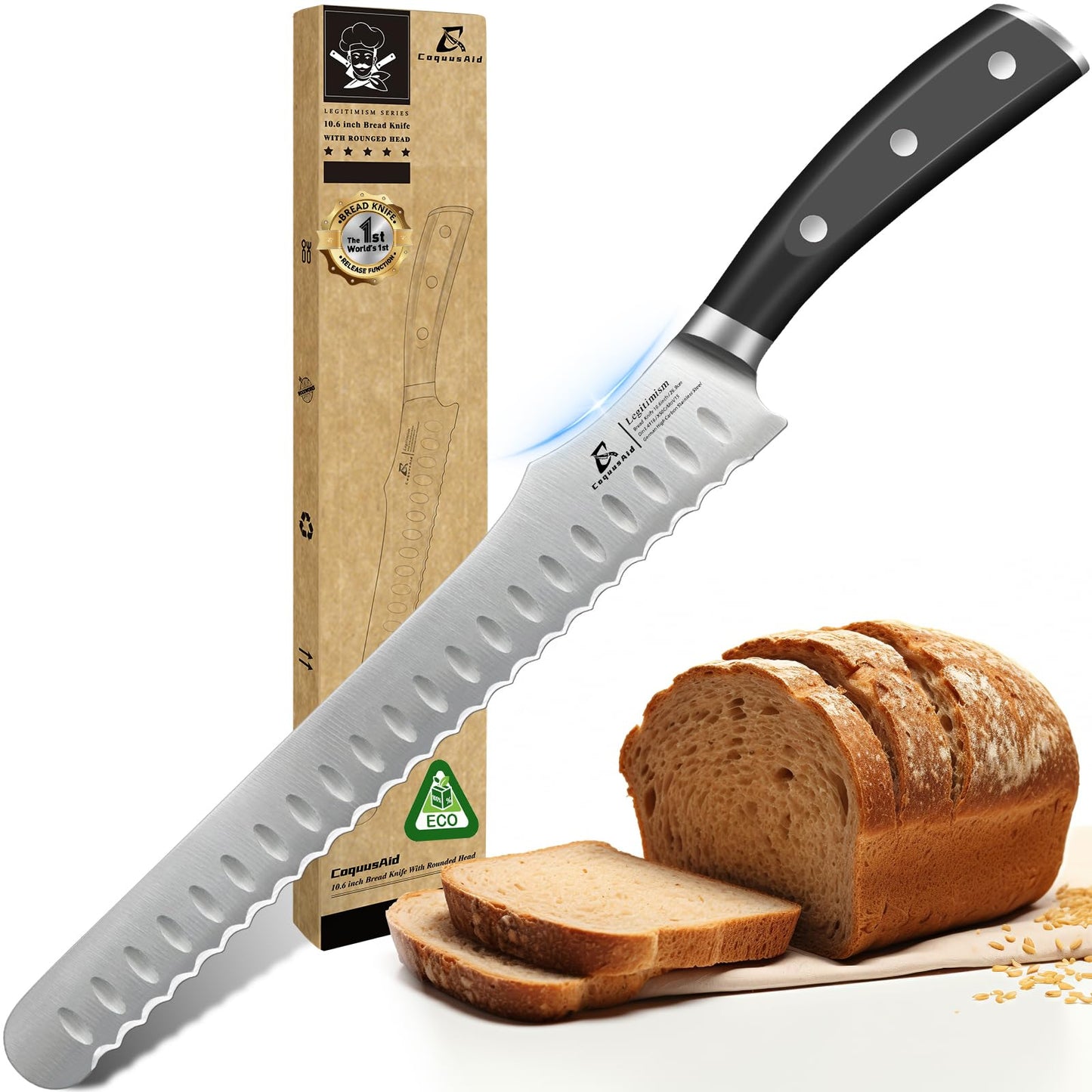 CoquusAid Resharpenable Bread Knife for Homemade Bread, 10.6'' Bread Slicer