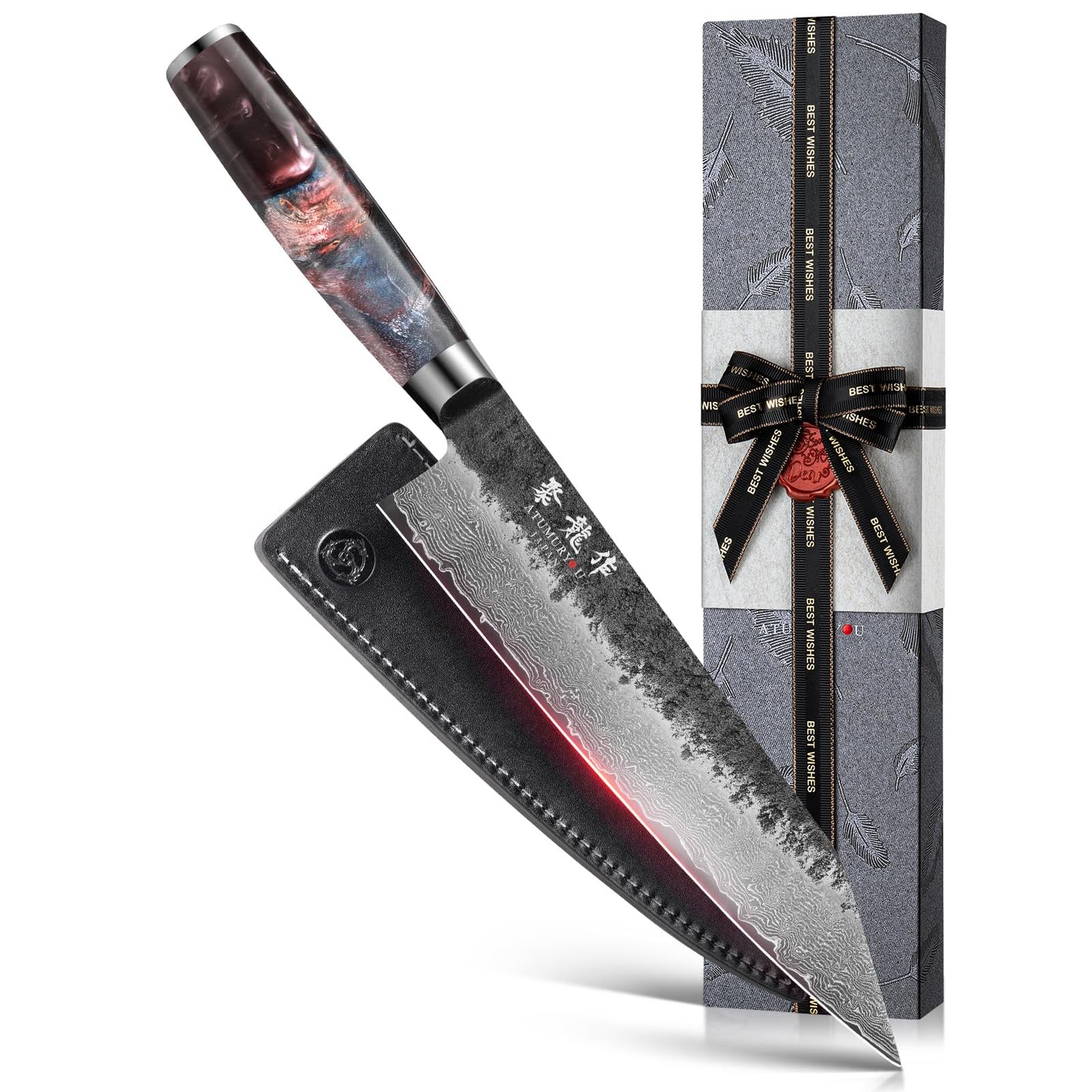7 Inch Japanese Santoku Knife, Hand-Forged Damascus VG10 Steel Core
