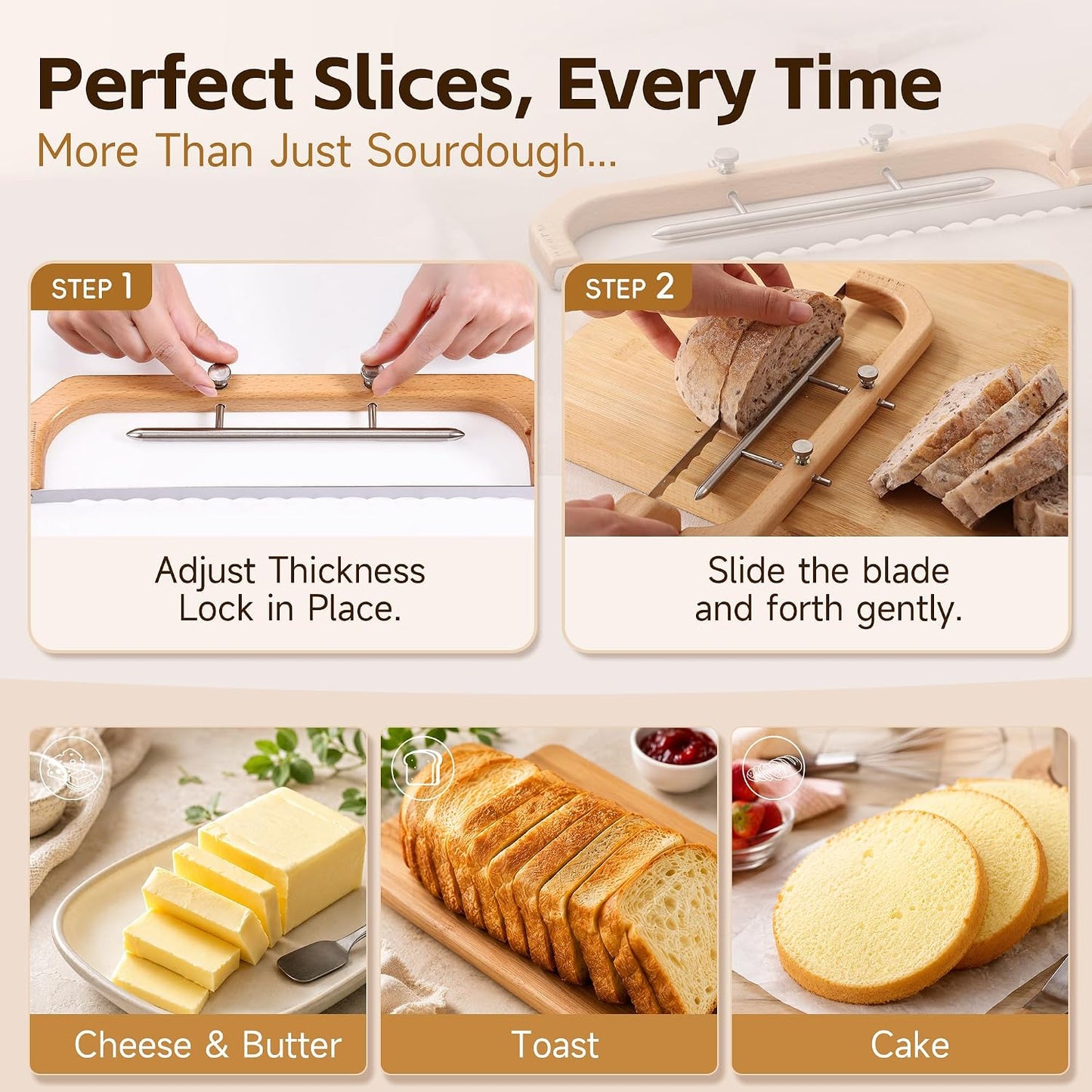 Tievo Adjustable Bread Knife, 5 Thickness Settings Bread Slicer with Guide for Sourdough & Homemade Bread, Bow Knife for Even Slices, Gift for Sourdough Bakers