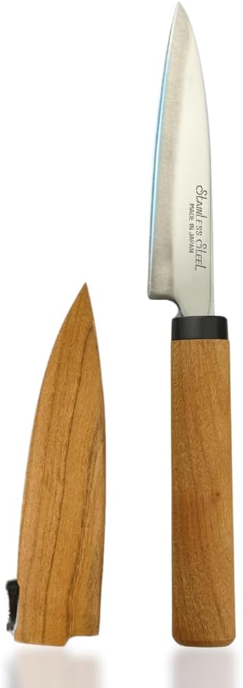 Japanese Paring Knife 4-Inch, High Carbon Stainless Steel Fruit Knife with Wooden Handle and Sheath, Small Utility Kitchen Knife for Peeling, Coring, Mincing, Made in Japan