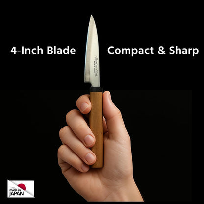Japanese Paring Knife 4-Inch, High Carbon Stainless Steel Fruit Knife with Wooden Handle and Sheath, Small Utility Kitchen Knife for Peeling, Coring, Mincing, Made in Japan
