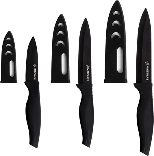 Magiware 6-Piece Paring Knife Set with Sheaths-Ceramic Blade Sharp Rust Proof Stain Resistant (include 5inch Utility Knife, 4inch Fruit Knife,3inch Paring Knifes)-Black (win0529)