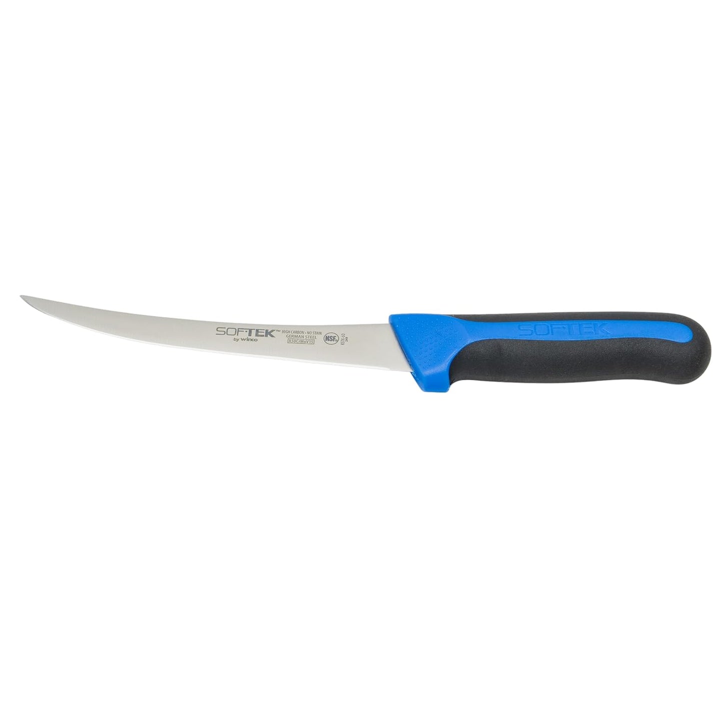 Winco 6" Black/Blue German steel Boning Knife, Curved, Soft Grip Handle
