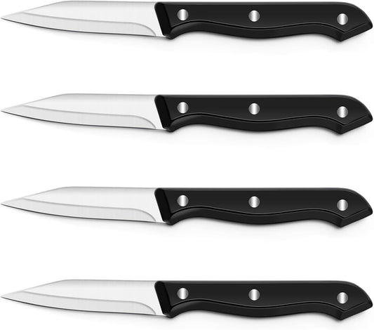 BEWOS 4-Piece Paring Knife Set - Paring Knives with Ergonomic Handle, 3.5 Inch Triple Rivet Paring Knives, Stainless Steel Black Parers for Vegetable, Fruit & Kitchen Use