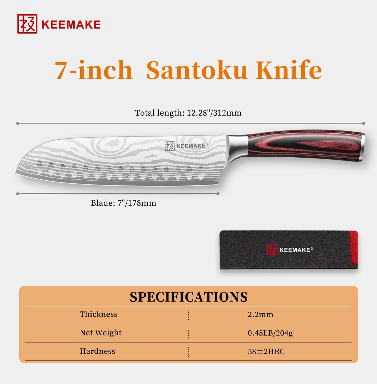 KEEMAKE 7" Santoku Knife, Razor Sharp Chef Knife with Ergonomic Handle