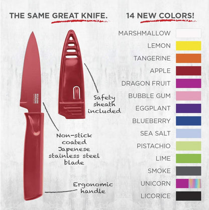 Kuhn Rikon Colori® Paring Knife – 4 Inch Japanese Stainless Steel, Nonstick Blade, Ergonomic Handle & Sheath, Rainbow