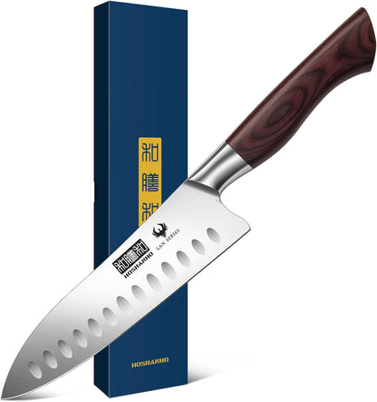 HOSHANHO 7" Chef Knife,Razor-Sharp Santoku Knife with Ergonomic Wood Handle