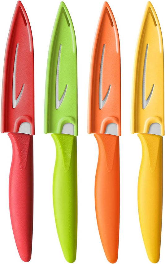 VITUER Paring knife, 4PCS Paring knives (4 Knives and 4 Knife cover), 4 Inch Peeling Fruit and Vegetable Knife, Ultra Sharp Kitchen Knives, German Steel, PP Plastic Handle