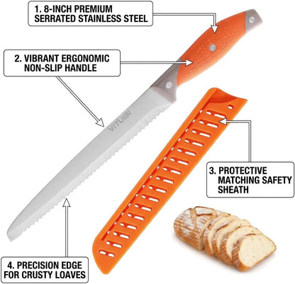 VITUER Bread Knife with Cover, 8 inch Serrated Bread Knife for homemade bread, Bread Cutter Ideal for Slicing Homemade Bread, Bagels, Cake (8-Inch Blade with 5-Inch Handle)