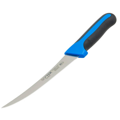 Winco 6" Black/Blue German steel Boning Knife, Curved, Soft Grip Handle
