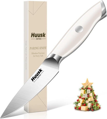 Huusk Paring Knife Ultra Sharp - 3.5" Small Kitchen Knife, Ivory White Grip