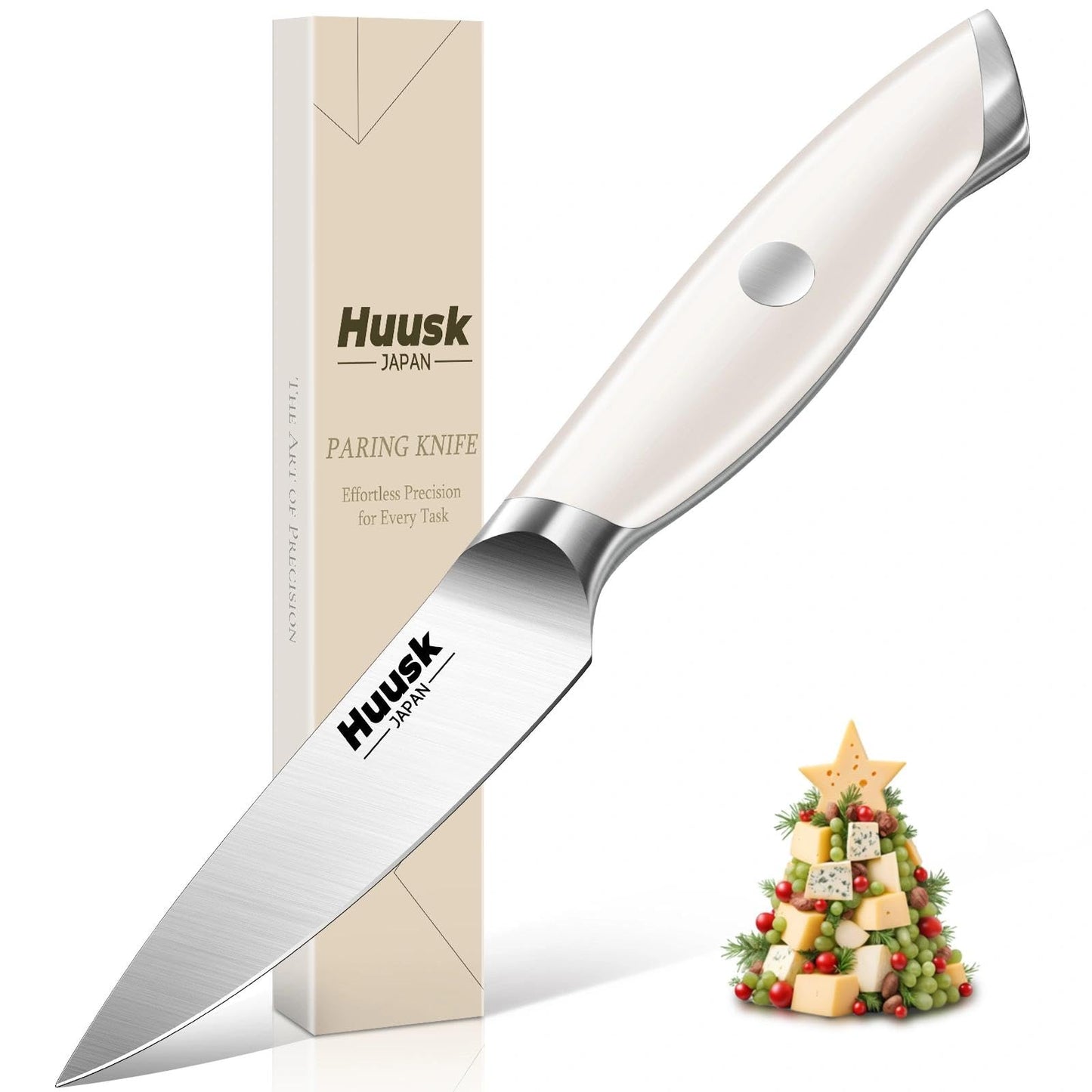 Huusk Paring Knife Ultra Sharp - 3.5" Small Kitchen Knife, Ivory White Grip