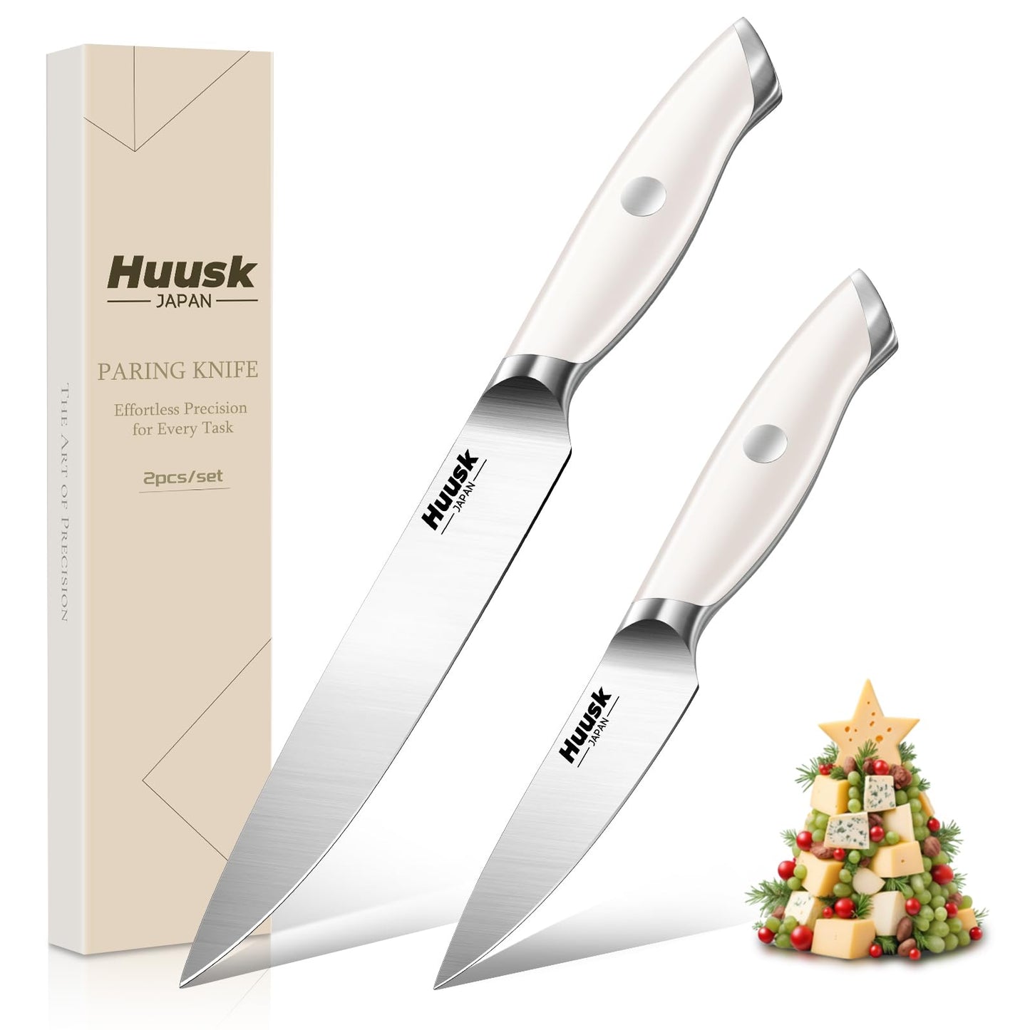 Huusk Paring Knife Ultra Sharp - 3.5" Small Kitchen Knife, Ivory White Grip