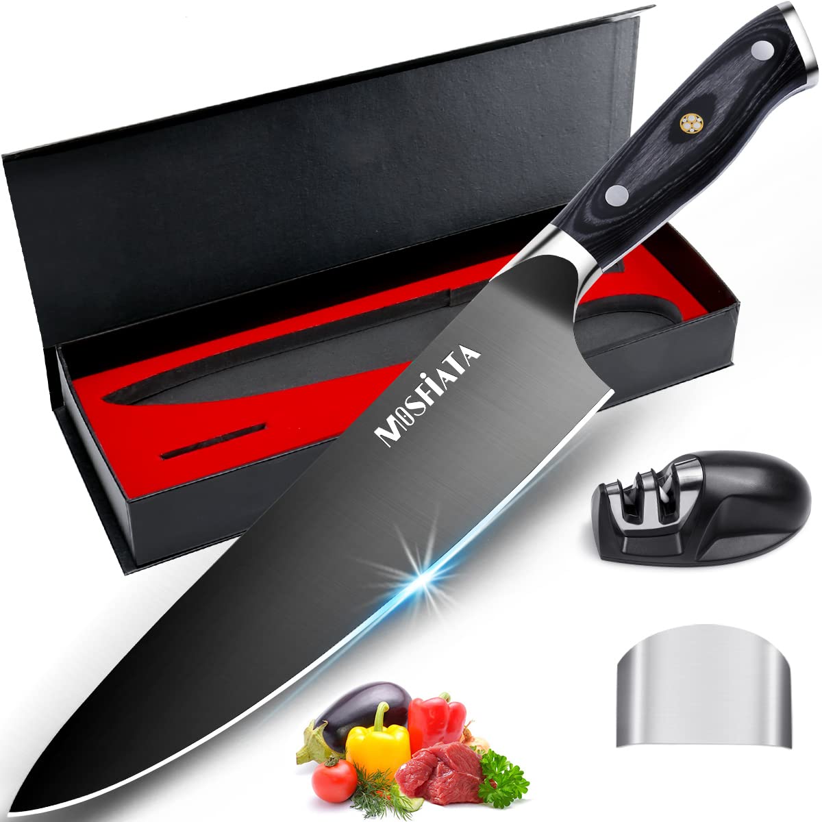 MOSFiATA Santoku Knife- 7 Inch Vegetable Knife Ultra Sharp Chopping Knife- Forged EN.4116 German Steel- Including Sheath,Finger Guard,Knife Sharpener,Full Tang,Best Gifts with Handmade Gift Box