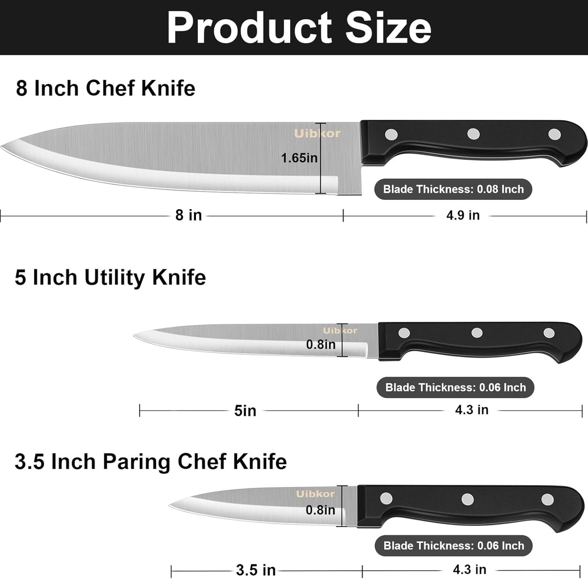 Kitchen Knife, 3-Pcs Knife Set, 8 Inch Chef Knife, 5 Inch Utility Knife