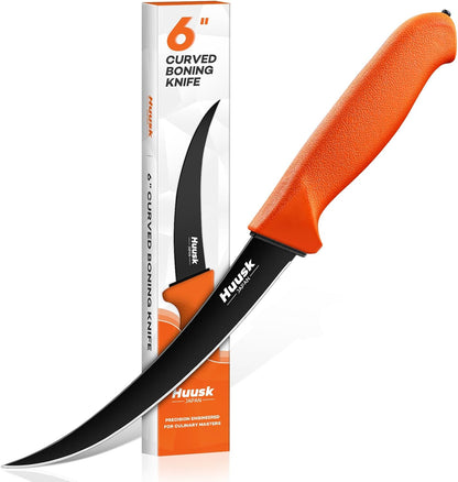 Huusk Curved Boning Knife - 6" Filet Knife for Meat Deboning Non‑Slip Grip