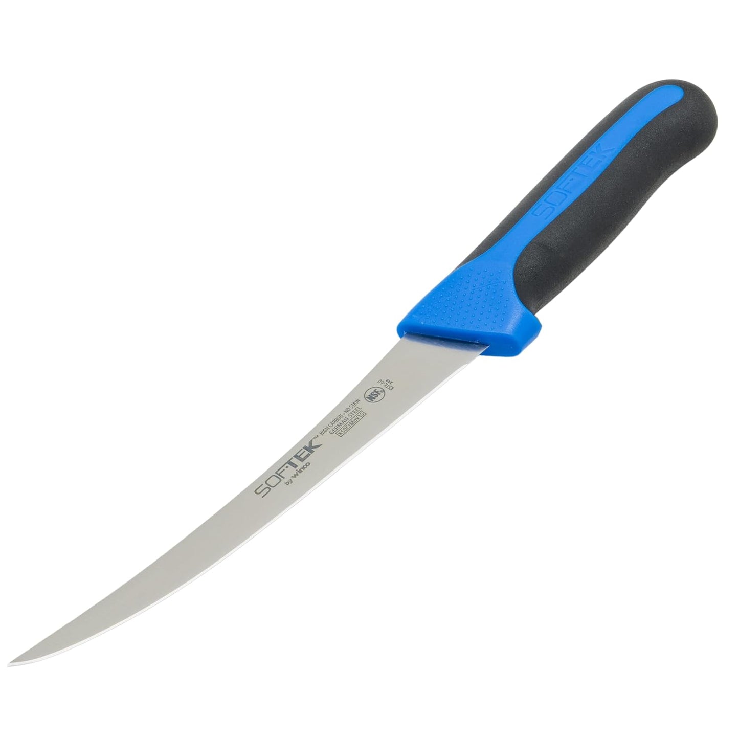 Winco 6" Black/Blue German steel Boning Knife, Curved, Soft Grip Handle