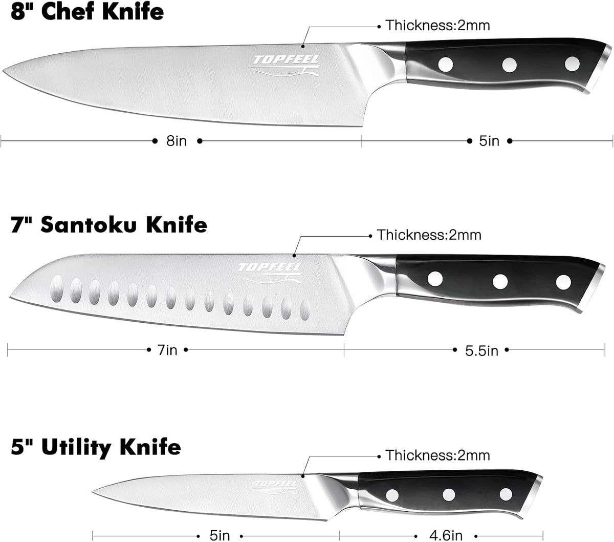 Topfeel 3PCS Chef Knife Set, German High Carbon Steel