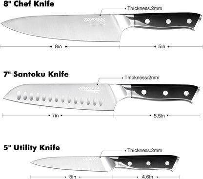 Topfeel 3PCS Chef Knife Set, German High Carbon Steel