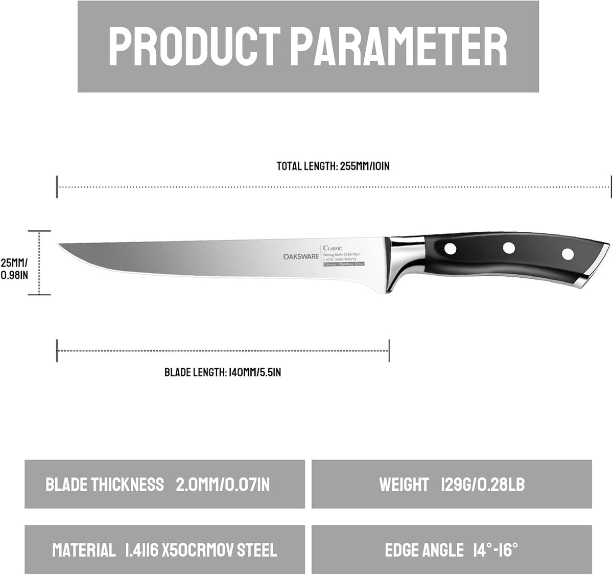 OAKSWARE Pro Boning Knife 5.5 Inch, German High Carbon Steel Fillet Knife