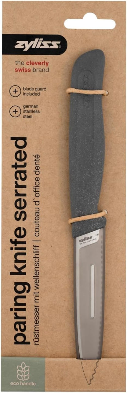 Zyliss Serrated Paring Knife – German Stainless Steel Blade with Sustainable Wheat Straw NonSlip Handle – Blade Guard Included – Dishwasher Safe – 3.9 inches - Gray