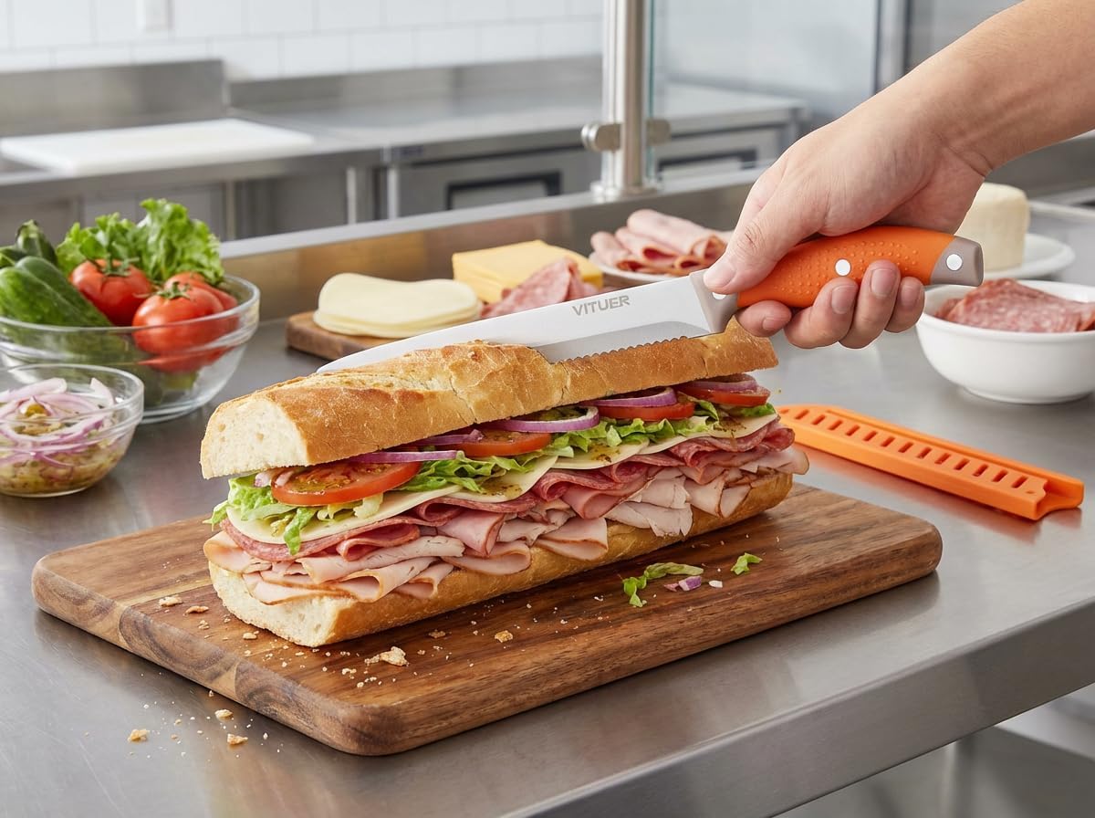 VITUER Bread Knife with Cover, 8 inch Serrated Bread Knife for homemade bread, Bread Cutter Ideal for Slicing Homemade Bread, Bagels, Cake (8-Inch Blade with 5-Inch Handle)