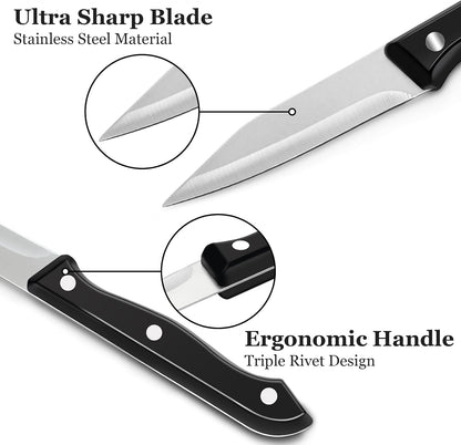 BEWOS 4-Piece Paring Knife Set - Paring Knives with Ergonomic Handle, 3.5 Inch Triple Rivet Paring Knives, Stainless Steel Black Parers for Vegetable, Fruit & Kitchen Use