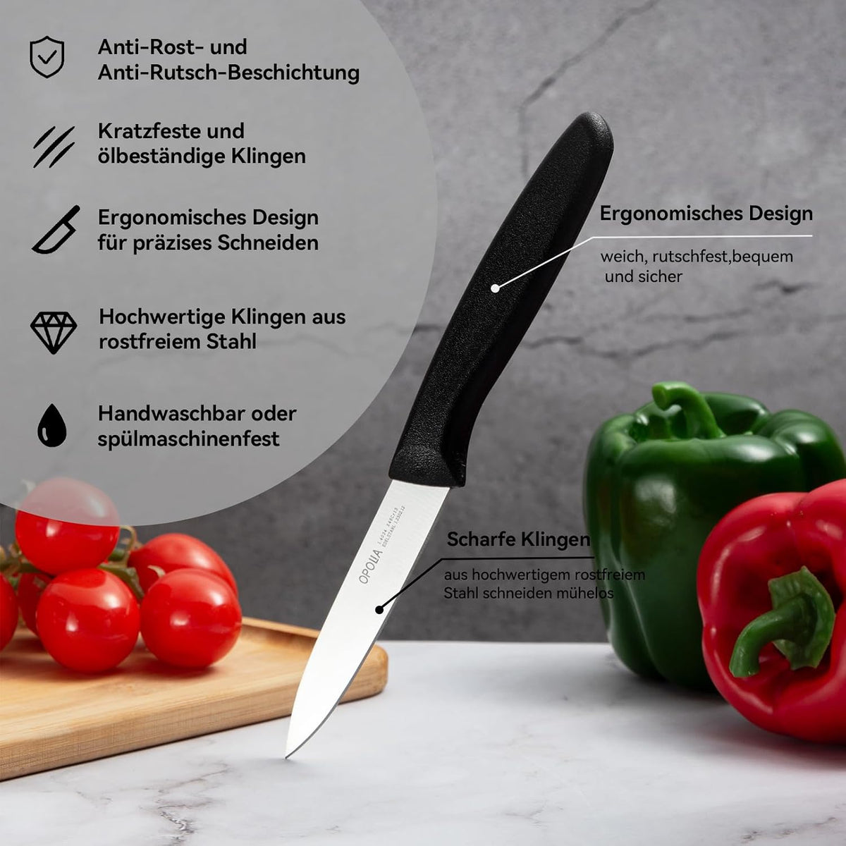 Fruit Knife Set of 6,Straight Edge,Stainless Steel,PP Handle,Black