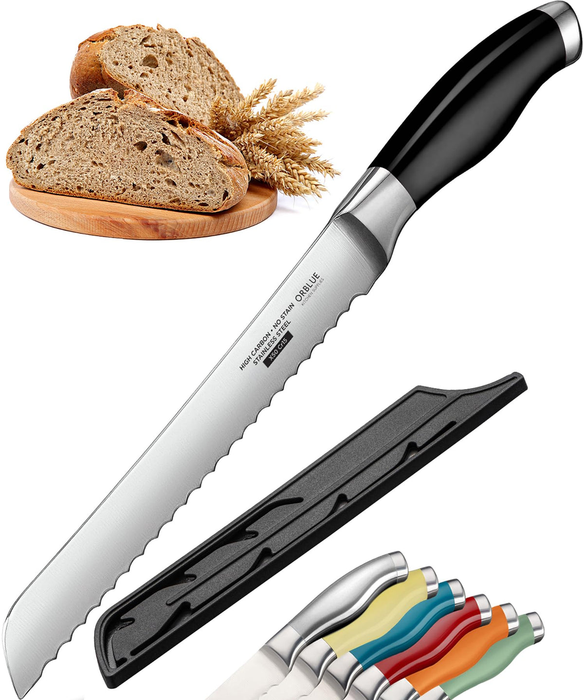 Orblue Serrated Bread Knife with Upgraded Stainless Steel Razor Sharp Wavy Edge - Bread Cutter Ideal for Slicing Homemade Bagels, Cake (8-Inch Blade with 5-Inch Handle)