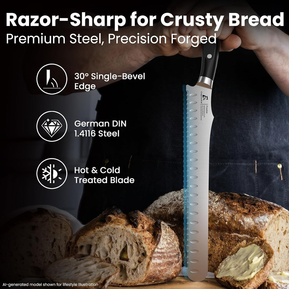 CoquusAid Resharpenable Bread Knife for Homemade Bread, 10.6'' Bread Slicer