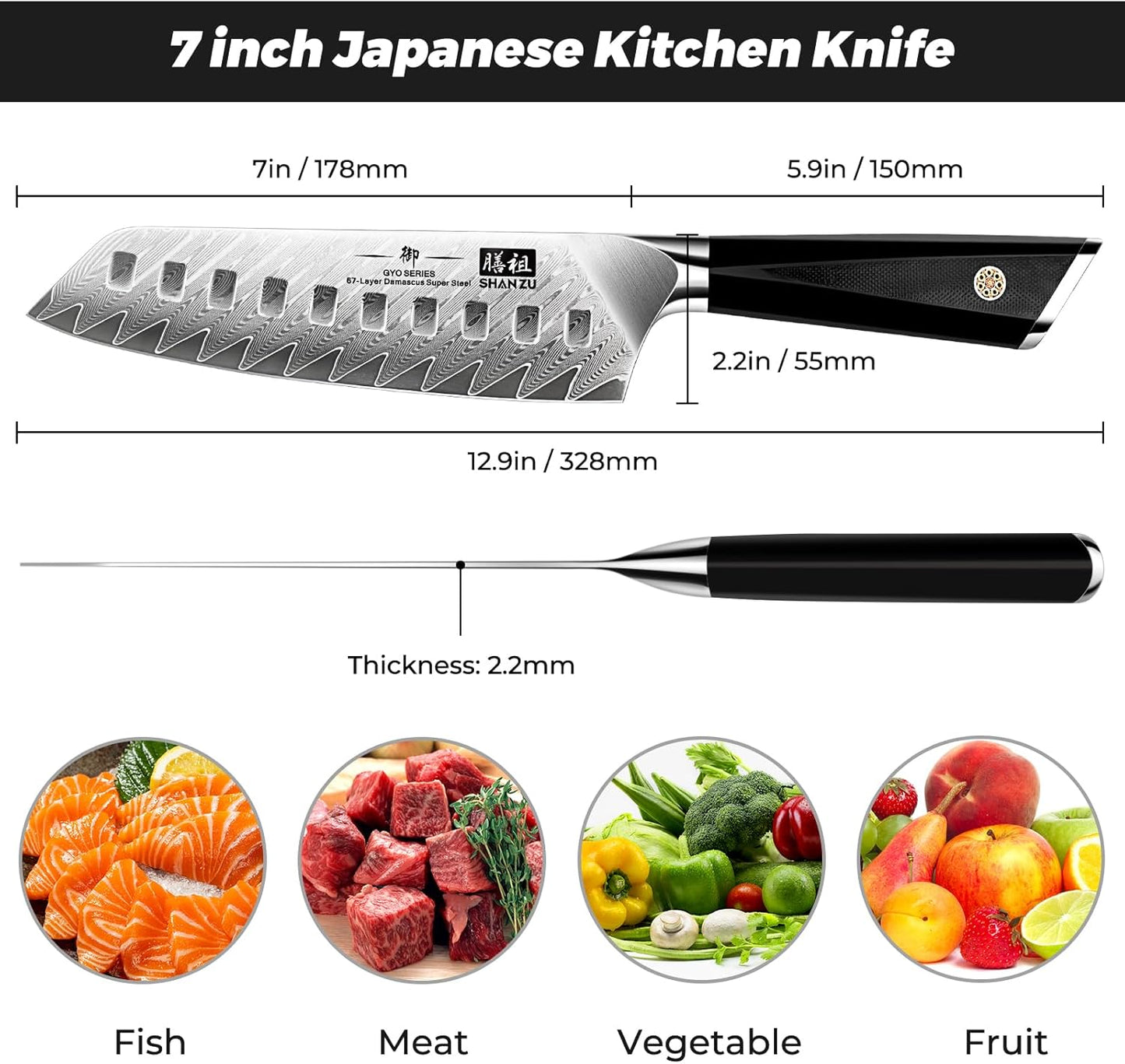 SHAN ZU Damascus Chef Knife Santoku Knife 7 Inch