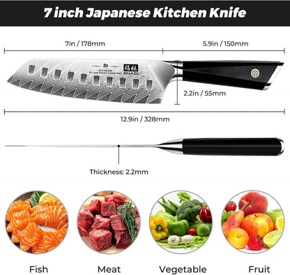 SHAN ZU Damascus Chef Knife Santoku Knife 7 Inch