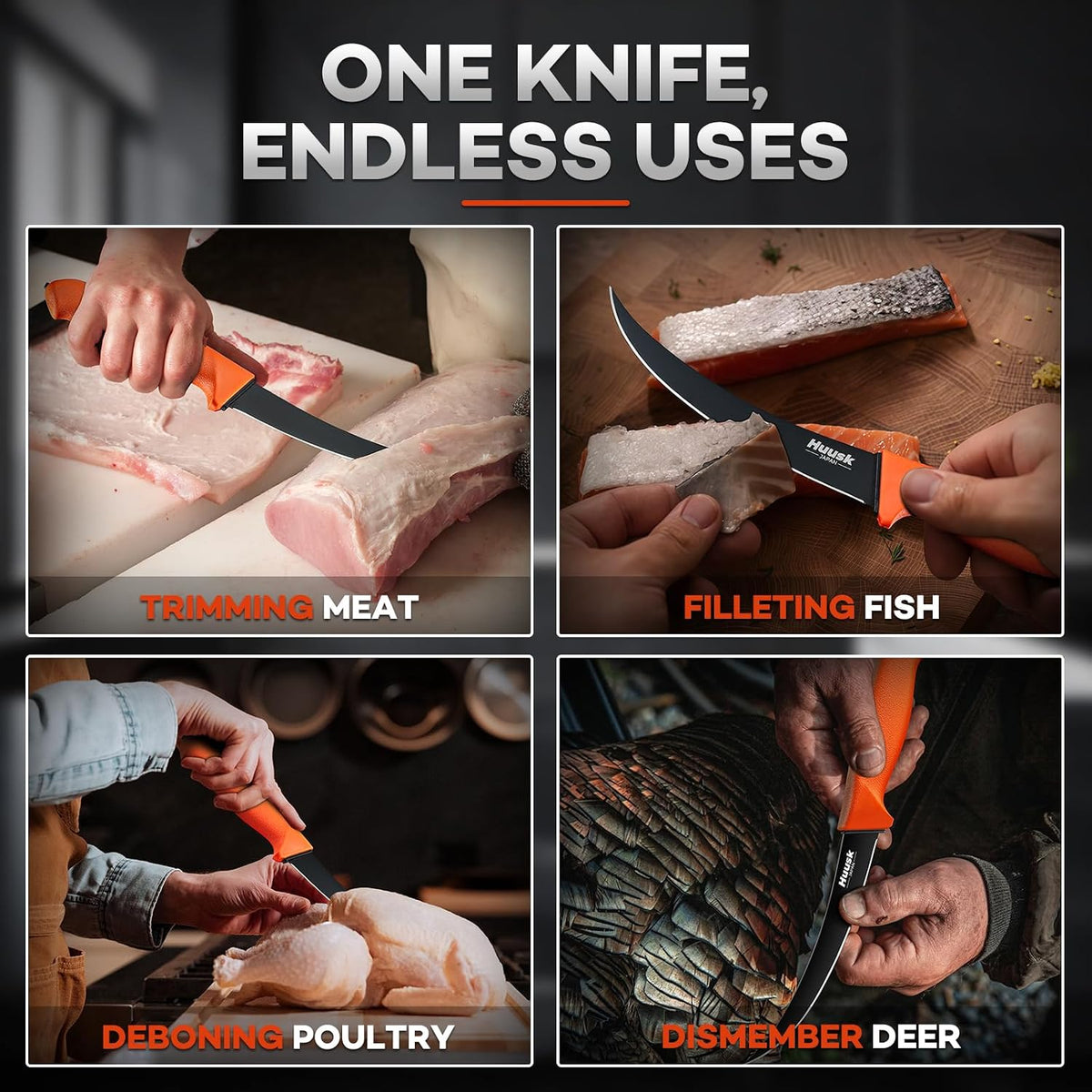 Huusk Curved Boning Knife - 6" Filet Knife for Meat Deboning Non‑Slip Grip