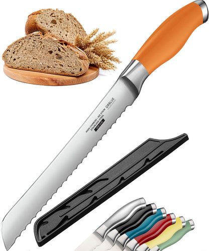 Orblue Serrated Bread Knife with Upgraded Stainless Steel Razor Sharp Wavy Edge - Bread Cutter Ideal for Slicing Homemade Bagels, Cake (8-Inch Blade with 5-Inch Handle)