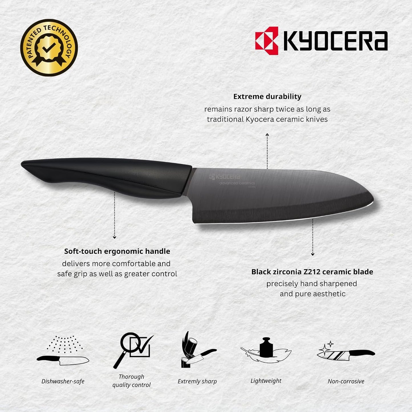 Kyocera Innovation Series Ceramic 6" Chef's Santoku Knife with Soft Touch Ergonomic Handle, Black Blade, Black Handle