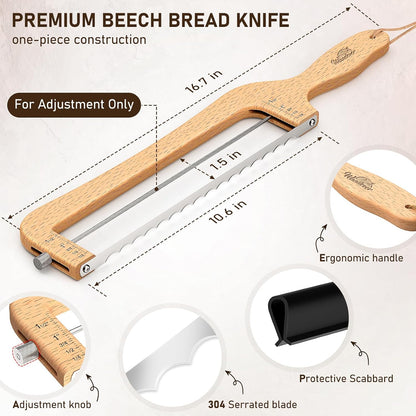 Woodever Adjustable Bread Knife for Home Use, Wooden Sourdough Bread Slicer for Homemade Bread with Bow Design, Premium Stainless Serrated Bread Cutter for Bagels and Baguettes-Natural