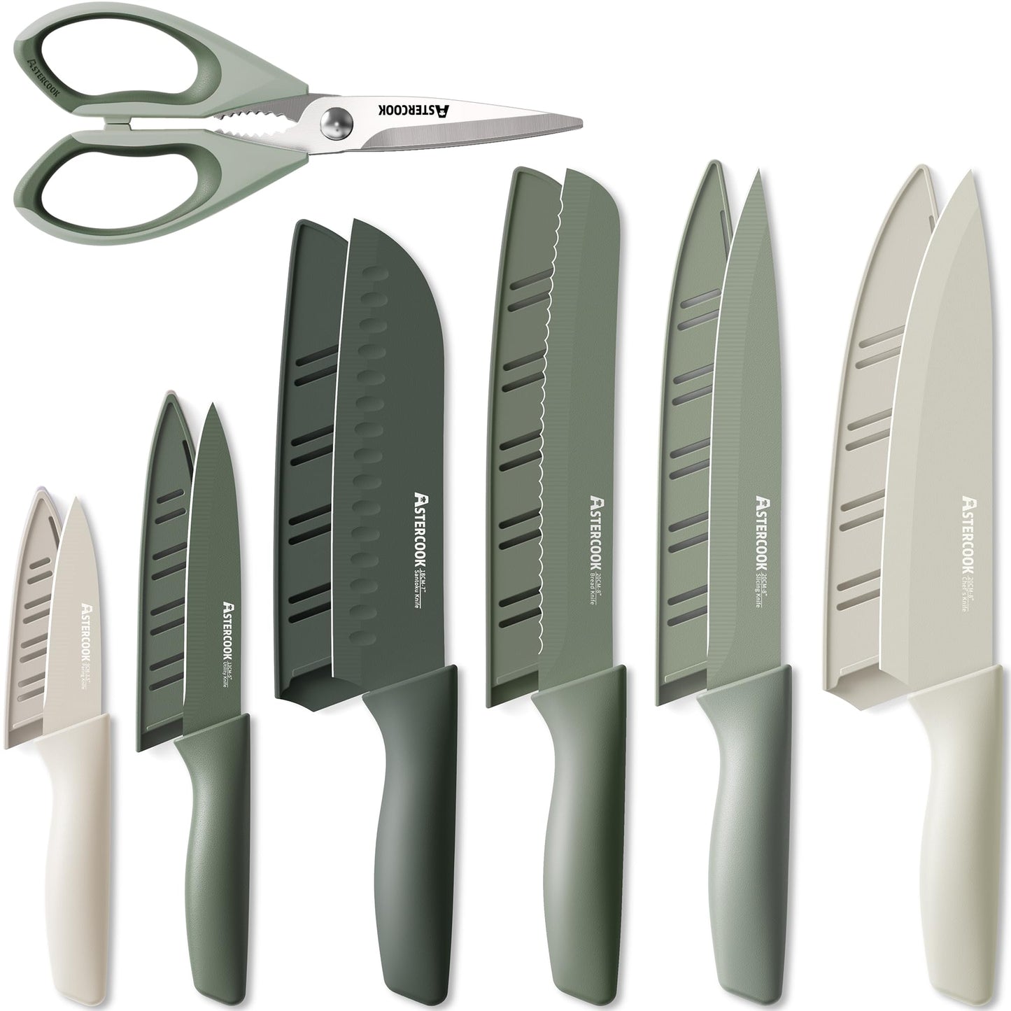 Astercook Knife Set, 13 Pieces Kitchen Knives Set with Healthy Anti-Rust Coating, Dishwasher Safe, Stainless Steel Chef Knife Sets with 6 Blade Guards, Perfect Holiday Gifts for Kitchen