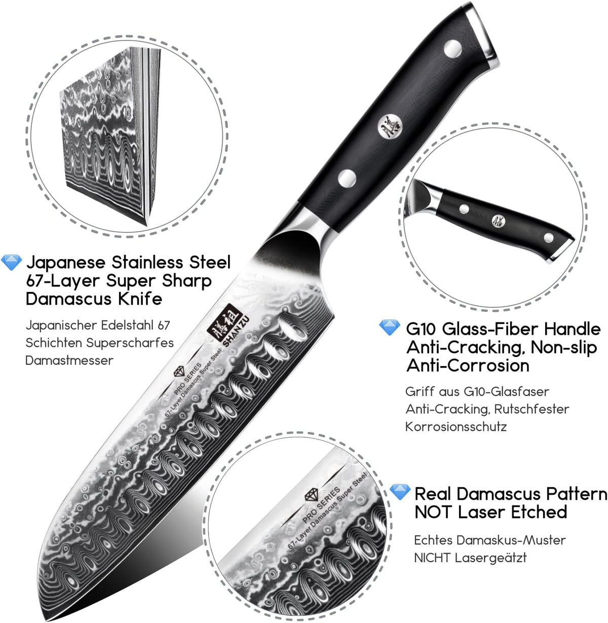 SHAN ZU 7 In Damascus Chef Knife, Japanese Santoku Chef's Knife