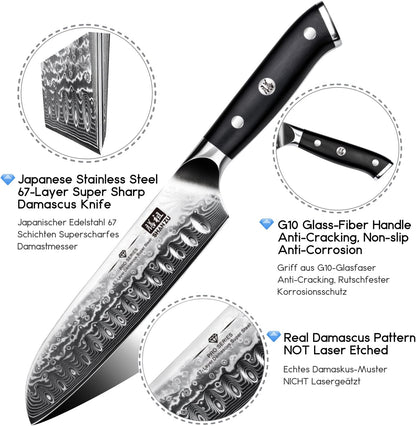 SHAN ZU 7 In Damascus Chef Knife, Japanese Santoku Chef's Knife