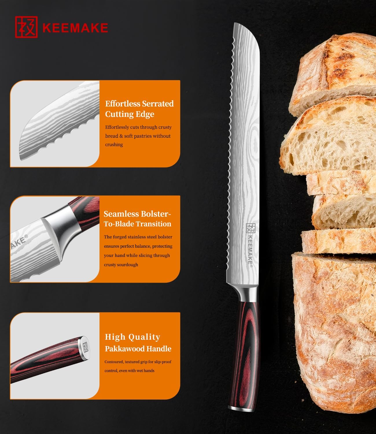 KEEMAKE 10 Inch Bread Knife for Homemade Bread, Serrated Sourdough Knife