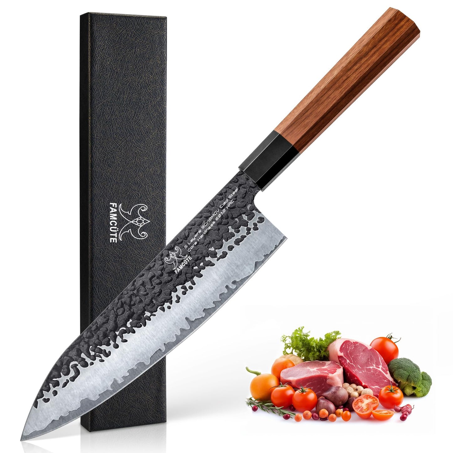 FAMCÜTE 7" Santoku Knife, Hand Forged Sharp Chopping Knife for Easy Cutting