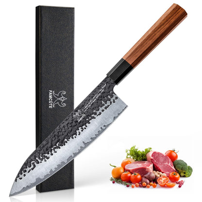 FAMCÜTE 7" Santoku Knife, Hand Forged Sharp Chopping Knife for Easy Cutting