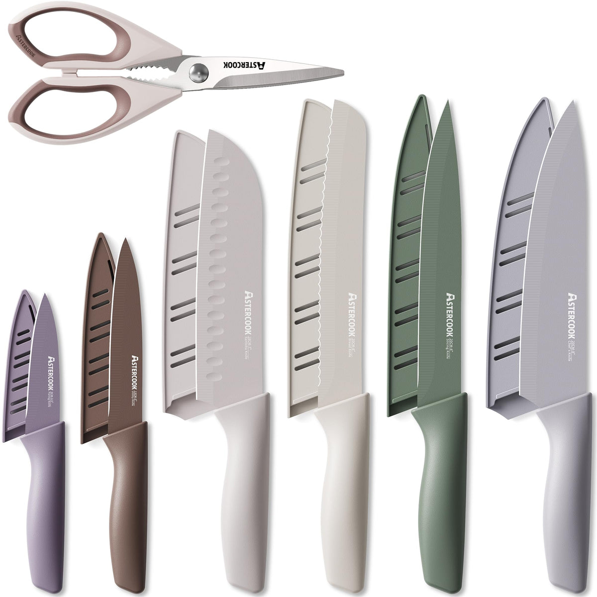 Astercook Knife Set, 13 Pieces Kitchen Knives Set with Healthy Anti-Rust Coating, Dishwasher Safe, Stainless Steel Chef Knife Sets with 6 Blade Guards, Perfect Holiday Gifts for Kitchen