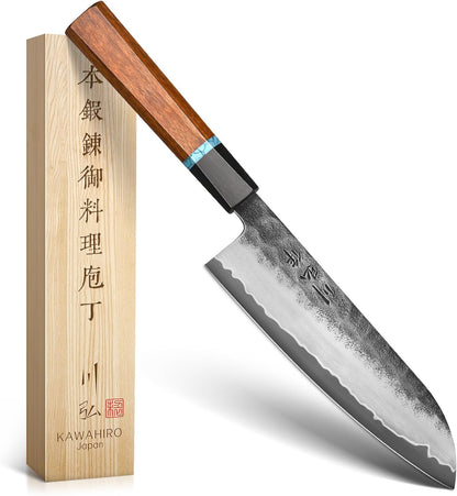 KAWAHIRO 7 Inch Japanese Santoku Knife, Hand Forged VG10 Chef Knife