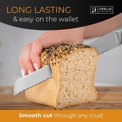 Orblue Serrated Bread Knife with Upgraded Stainless Steel Razor Sharp Wavy Edge Width - Bread Cutter Ideal for Slicing Homemade Bread, Bagels, Cake (8-Inch Blade with 5-Inch Handle) Green
